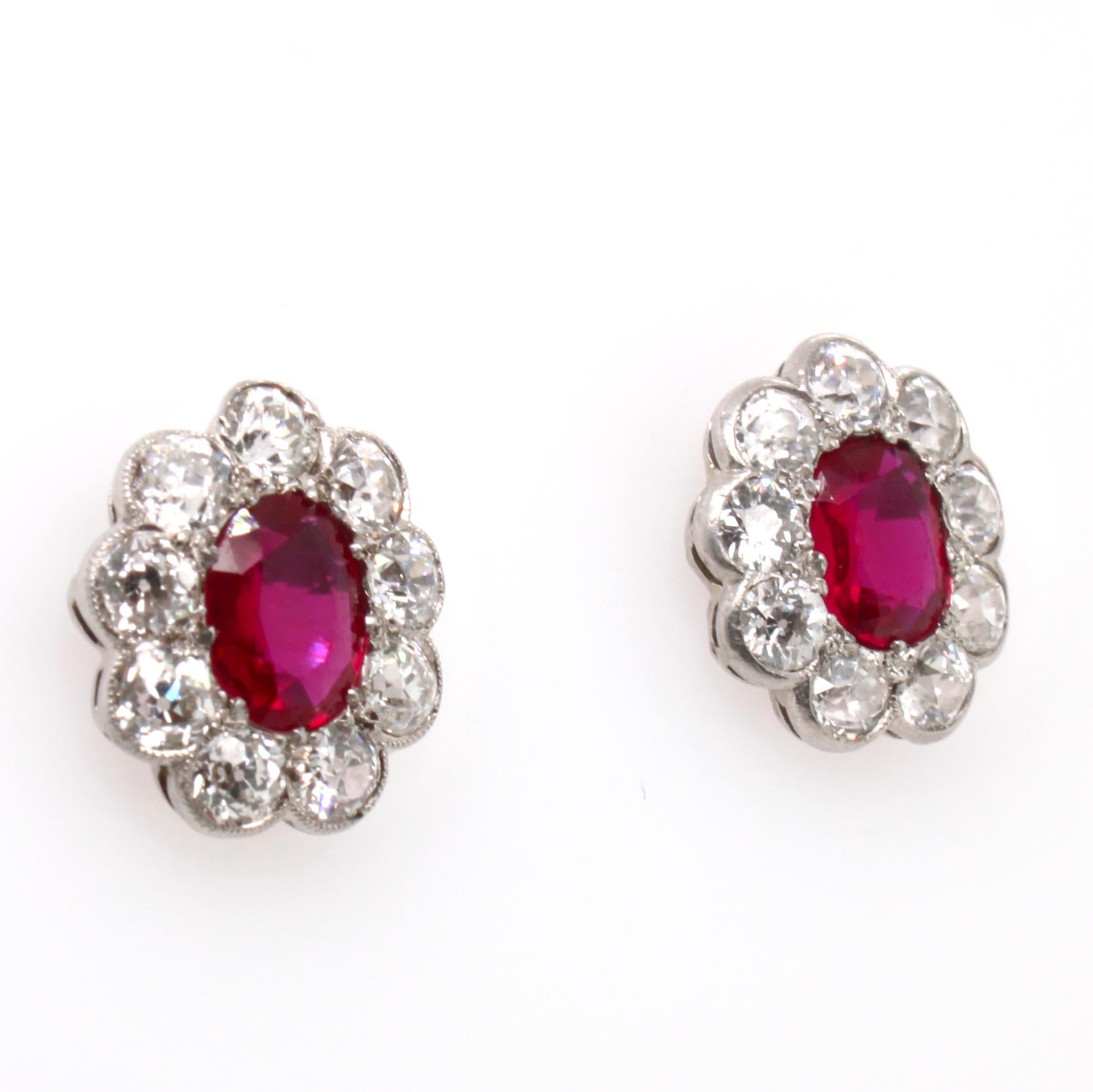 Victorian Edwardian Burmese Ruby and Diamond Cluster Earrings, 1910s