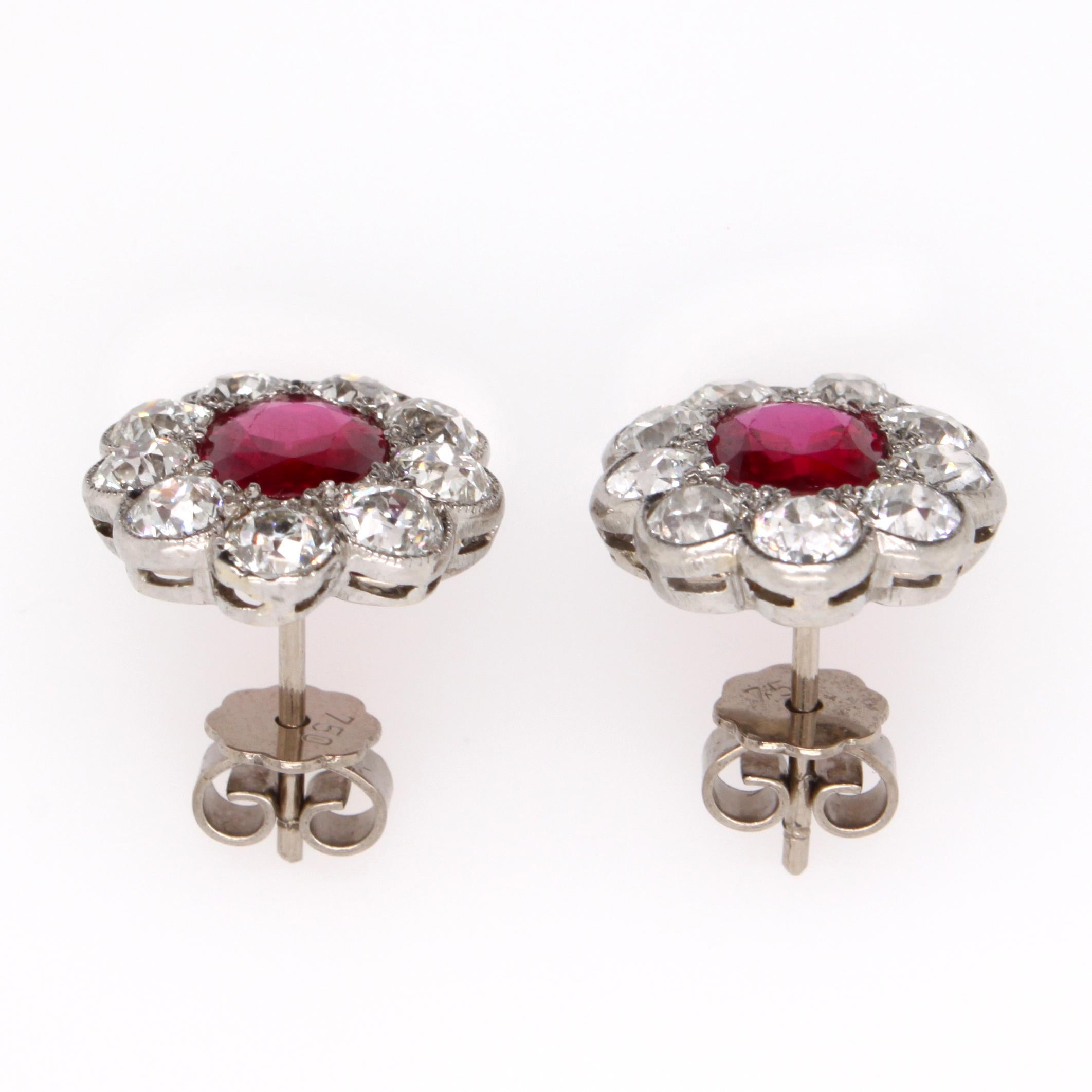 Edwardian Burmese Ruby and Diamond Cluster Earrings, 1910s 1