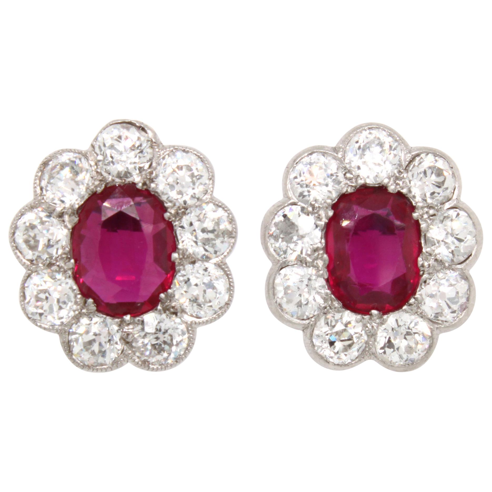 Edwardian Burmese Ruby and Diamond Cluster Earrings, 1910s