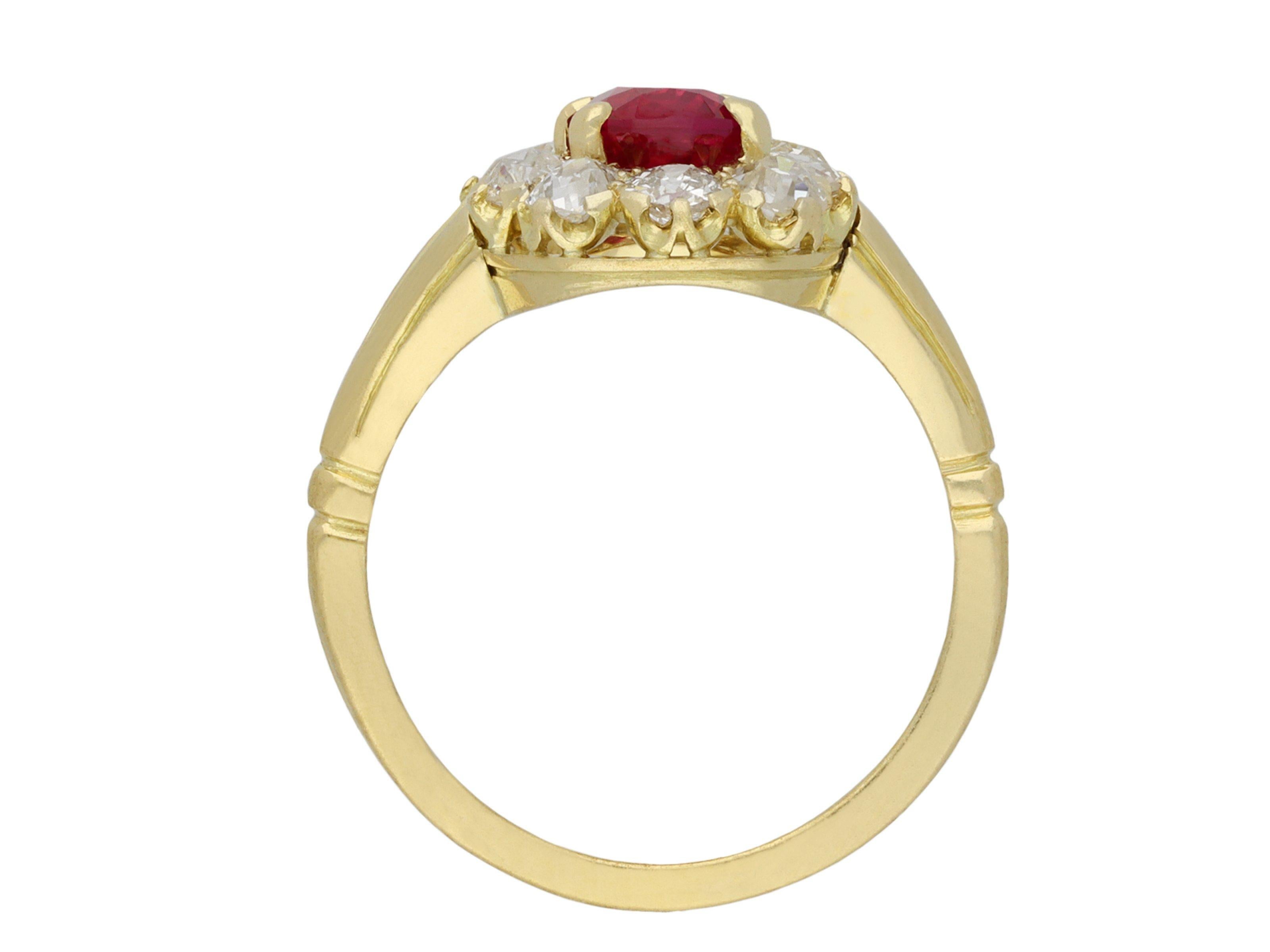 Victorian Burmese ruby and diamond coronet cluster ring. Set to centre with an oval old cut natural unenhanced Burmese ruby in an open back claw setting with a weight of 1.32 carats, enircled by ten cushion shape old mine diamonds in open back claw