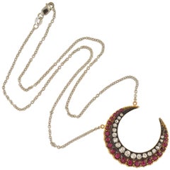Victorian Burmese Ruby and Diamond Crescent Pendant Necklace
