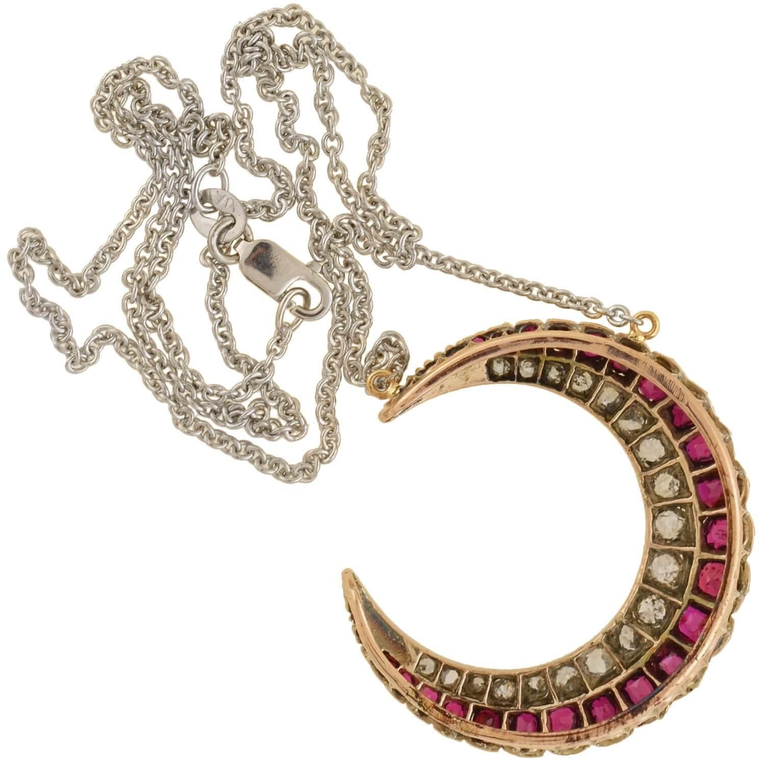 Victorian Burmese Ruby and Diamond Crescent Pendant Necklace 1