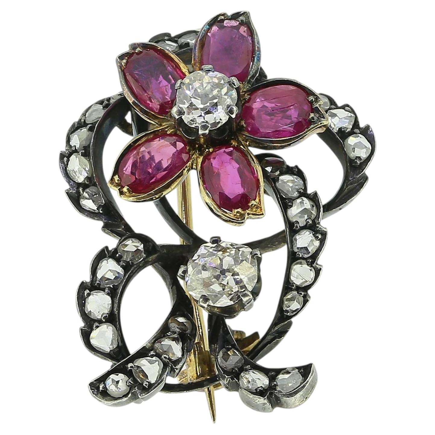 Victorian Burmese Ruby and Diamond Flower Brooch