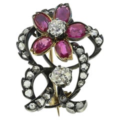 Victorian Burmese Ruby and Diamond Flower Brooch