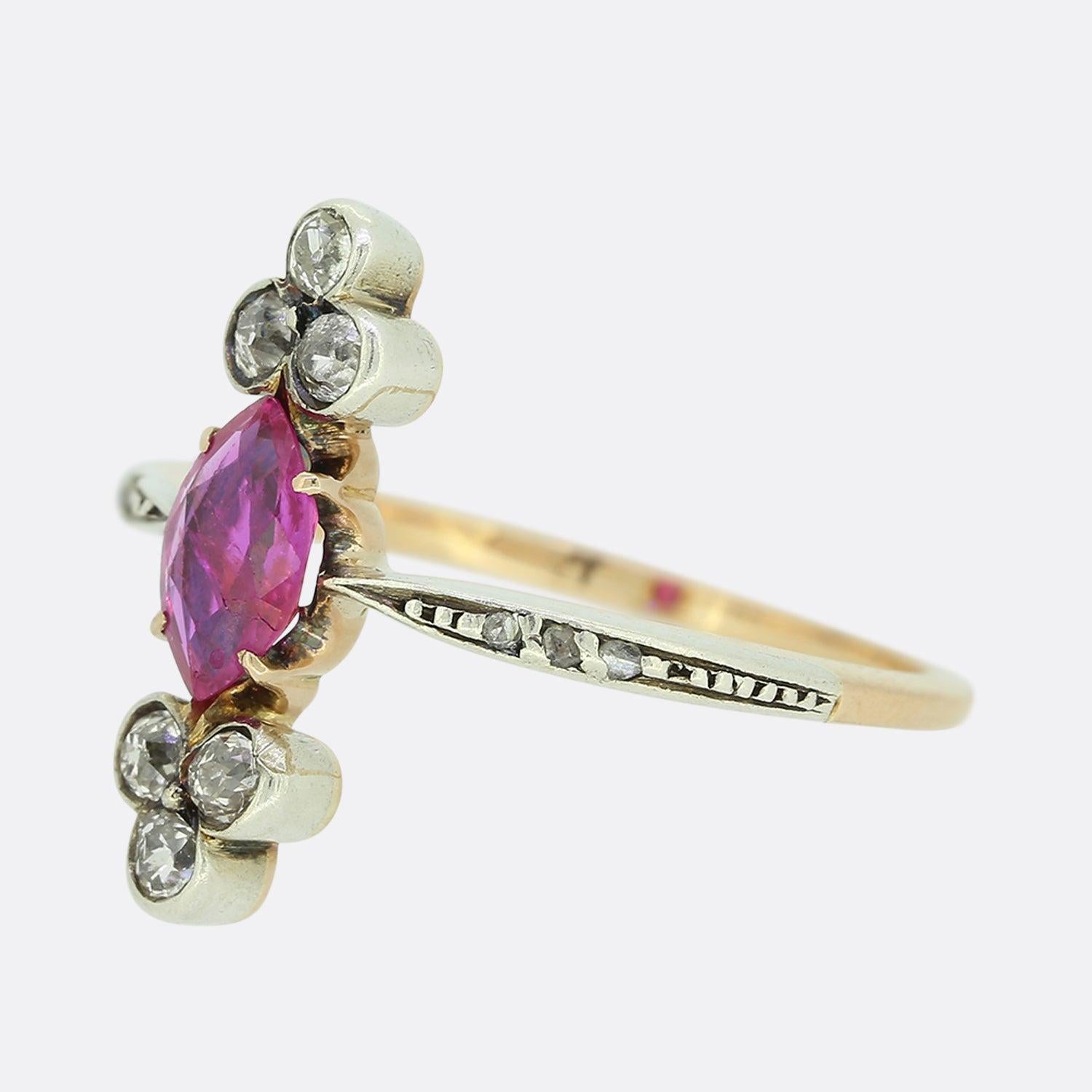 Here we have a wonderful ruby and diamond navette ring dating back to the Victorian era. The ring's face showcases a central marquise cut ruby with three old cut diamonds set above and below and crafted in 18ct yellow gold and platinum. The ruby is