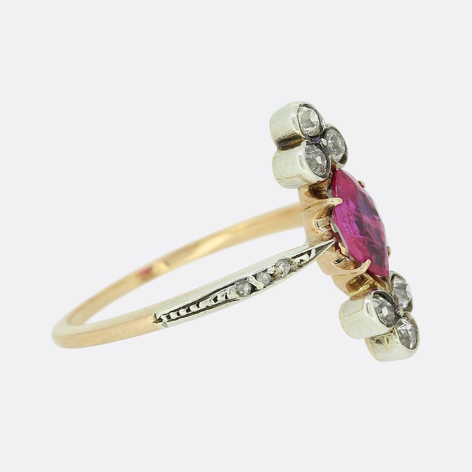Marquise Cut Victorian Burmese Ruby and Diamond Navette Ring For Sale