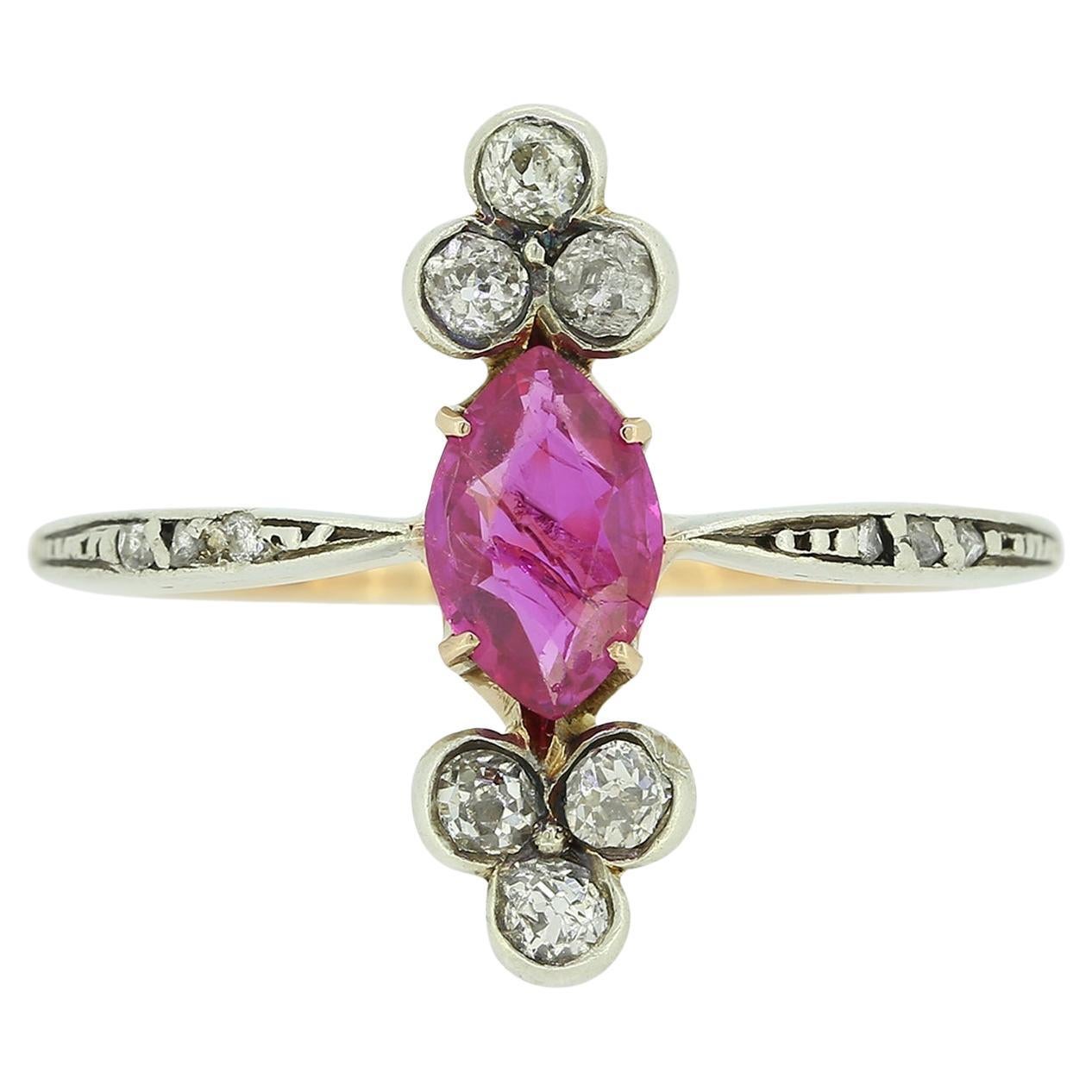 Victorian Burmese Ruby and Diamond Navette Ring For Sale