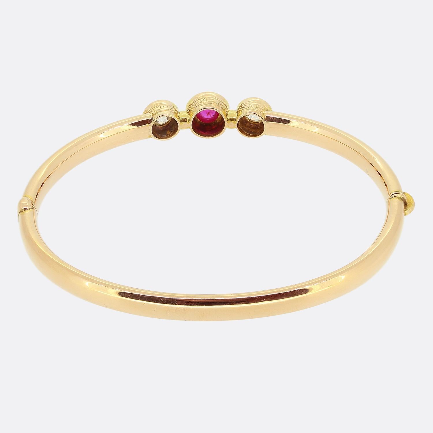 Women's or Men's Victorian Burmese Ruby and Diamond Three-Stone Bangle For Sale