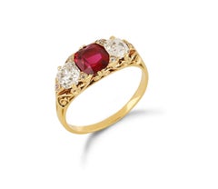 Victorian Burmese ruby and diamond three stone ring, circa 1890.
