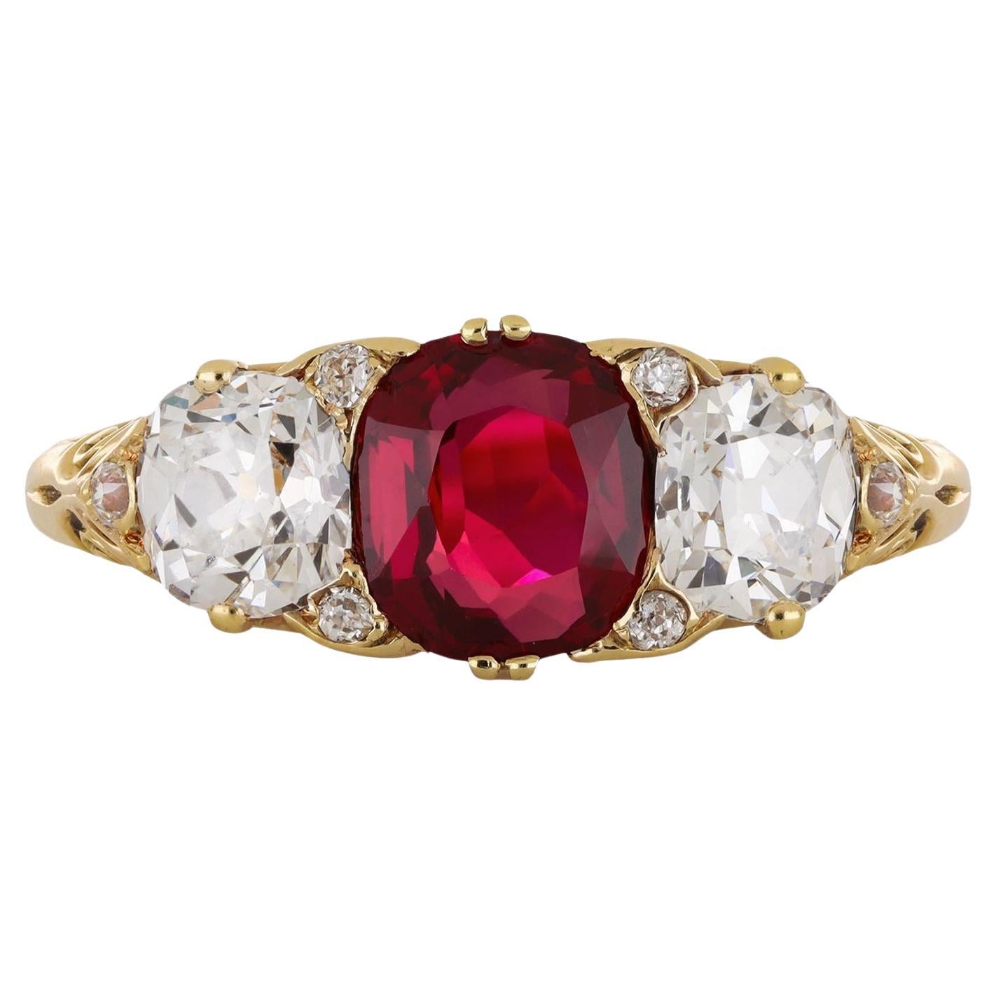 Victorian Burmese ruby and diamond three stone ring, circa 1890.