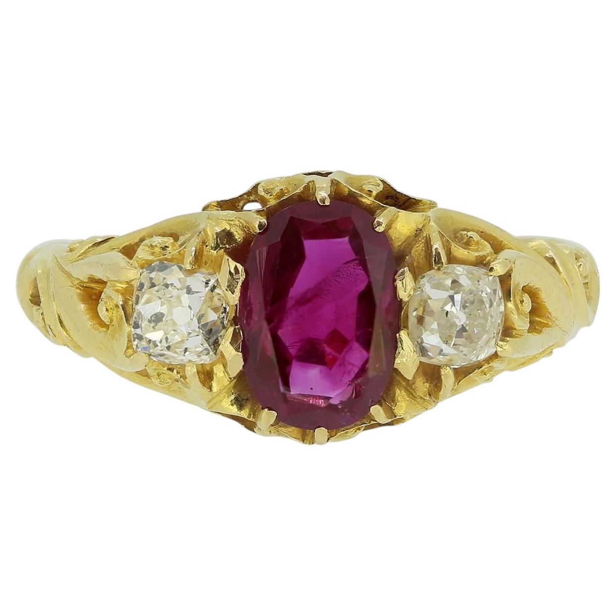 Victorian Burmese Ruby and Diamond Three-Stone Ring