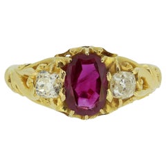 Victorian Burmese Ruby and Diamond Three-Stone Ring