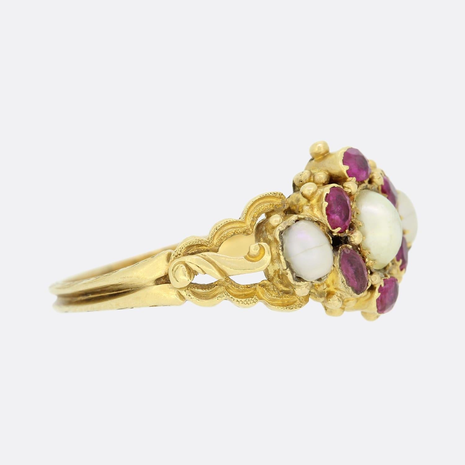 Round Cut Victorian Burmese Ruby and Pearl Cluster Ring For Sale
