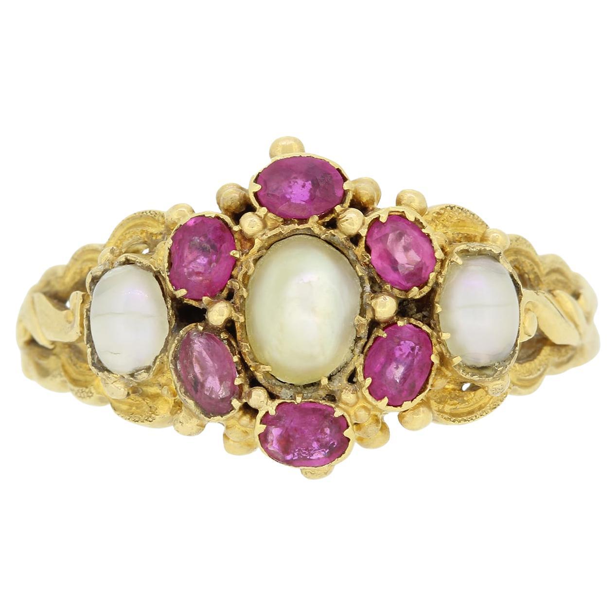 Victorian Burmese Ruby and Pearl Cluster Ring For Sale