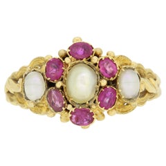 Victorian Burmese Ruby and Pearl Cluster Ring