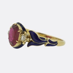 Victorian Burmese Ruby Diamond and Enamel Ring