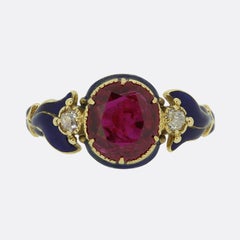 Antique Victorian Burmese Ruby Diamond and Enamel Ring