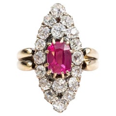 Antique Victorian Burmese Ruby 
Diamond Navette Cluster Ring