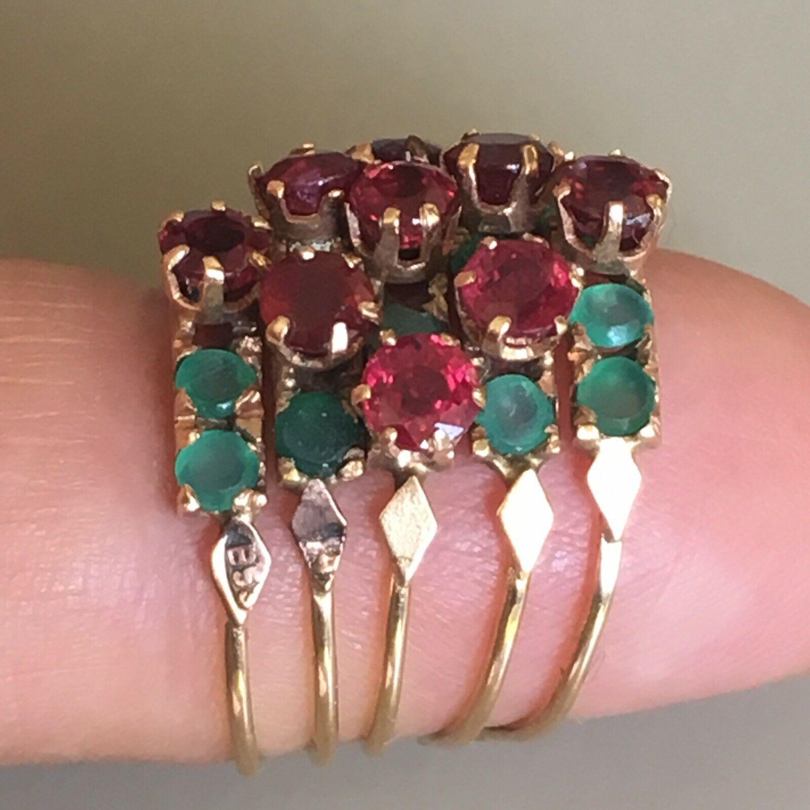 Emerald Cut Victorian Burmese Ruby & Emerald circa 1880s Signed Gold Antique Multi Band Ring For Sale