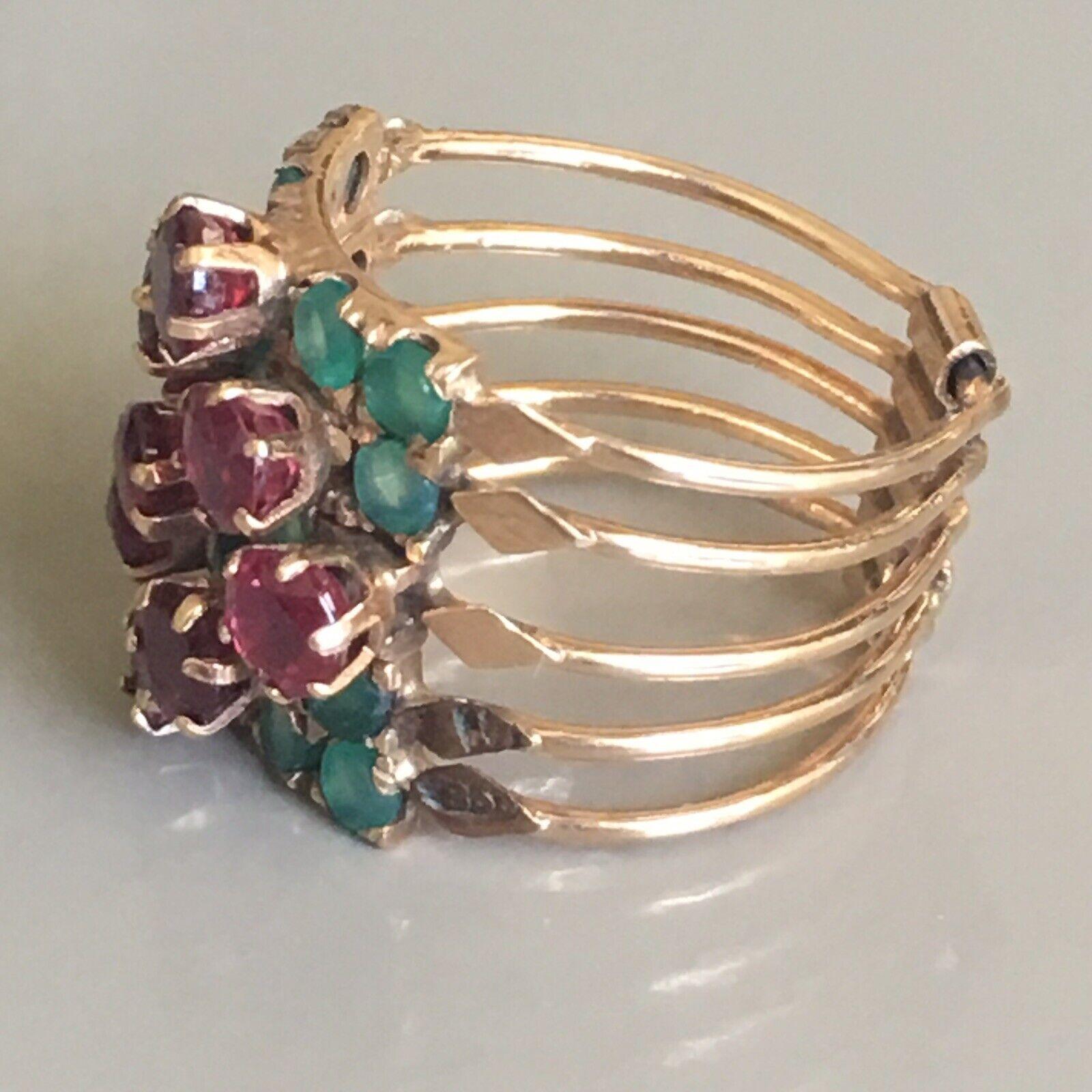 Women's Victorian Burmese Ruby & Emerald circa 1880s Signed Gold Antique Multi Band Ring For Sale