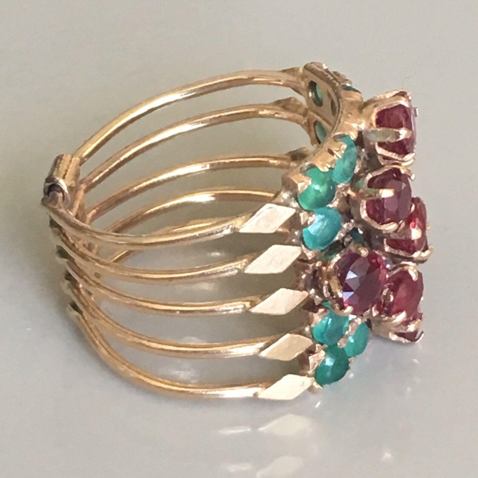 Victorian Burmese Ruby & Emerald circa 1880s Signed Gold Antique Multi Band Ring For Sale 2