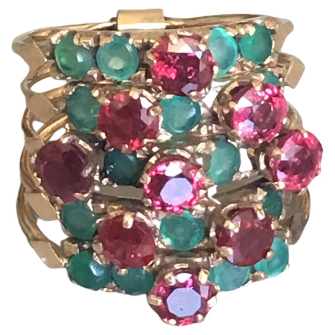 Victorian Burmese Ruby & Emerald circa 1880s Signed Gold Antique Multi Band Ring For Sale