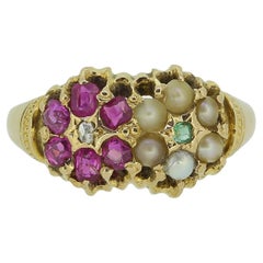 Anillo Victoriano de Rubí, Perla, Esmeralda y Diamantes de Birmania