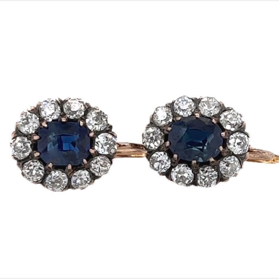 Victorian Burmese Sapphire & Diamond Dangling Gold Earrings In Excellent Condition In MIAMI, FL
