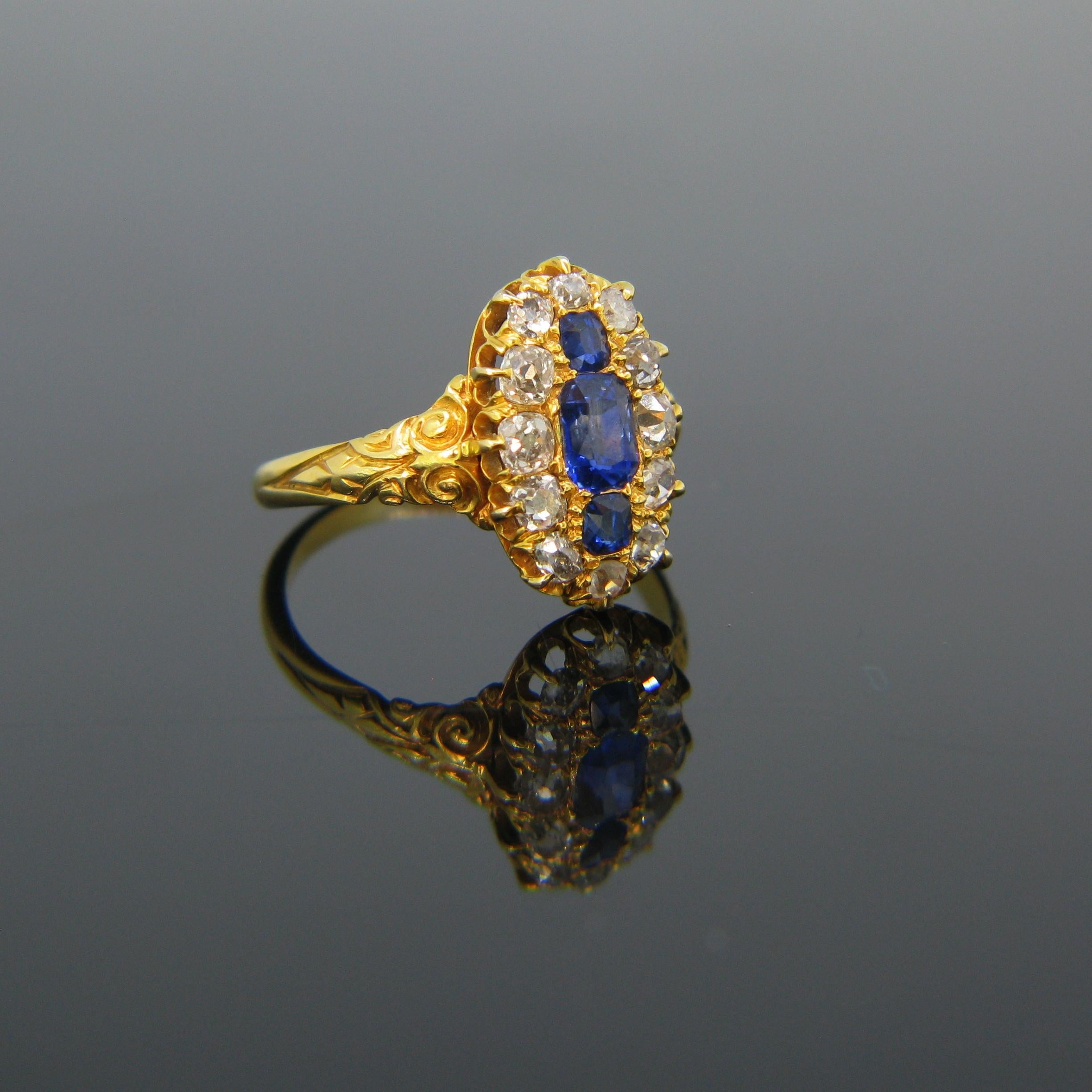 Late Victorian Victorian Burmese Sapphire Old Cut Diamonds Marquise Yellow Gold Ring