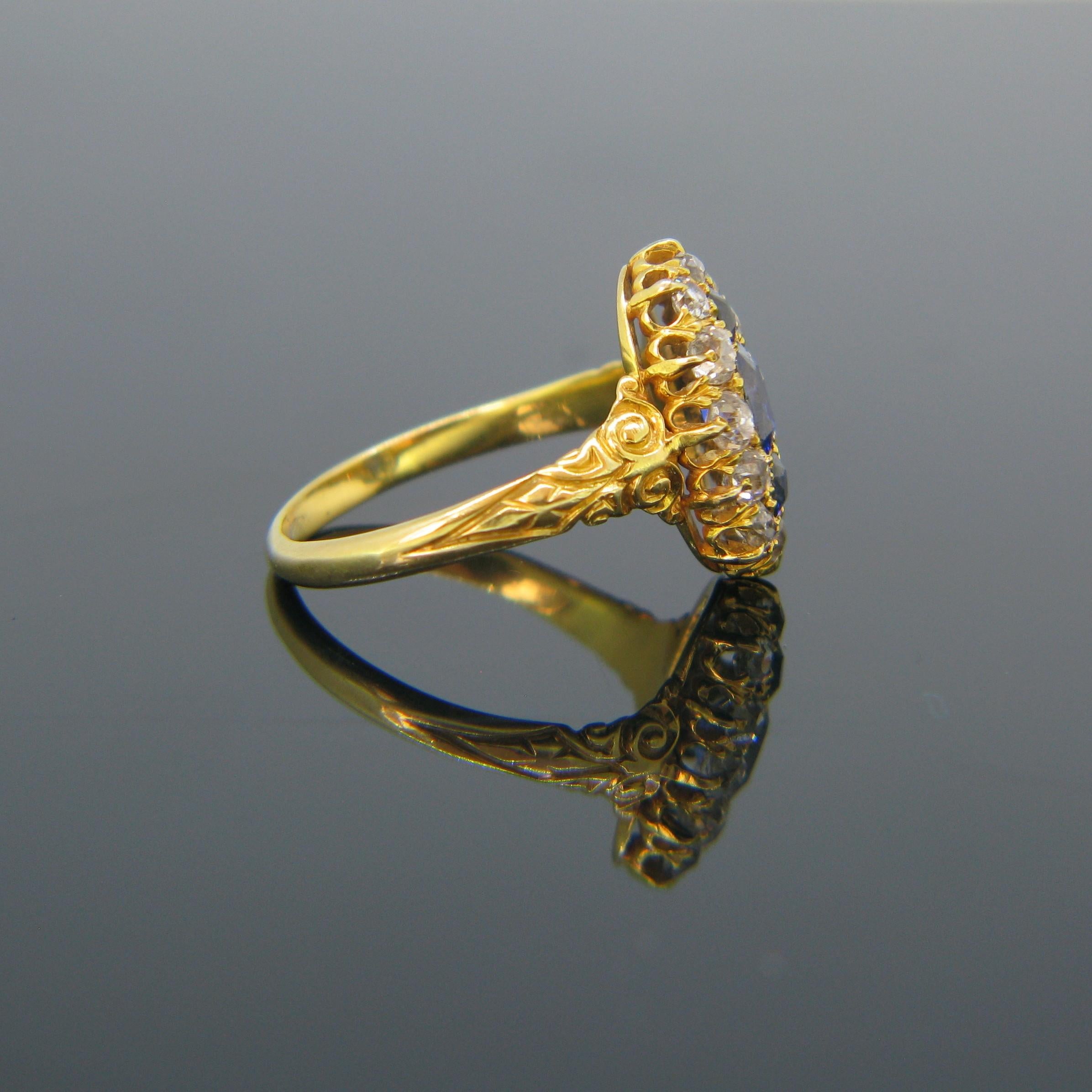 Cushion Cut Victorian Burmese Sapphire Old Cut Diamonds Marquise Yellow Gold Ring