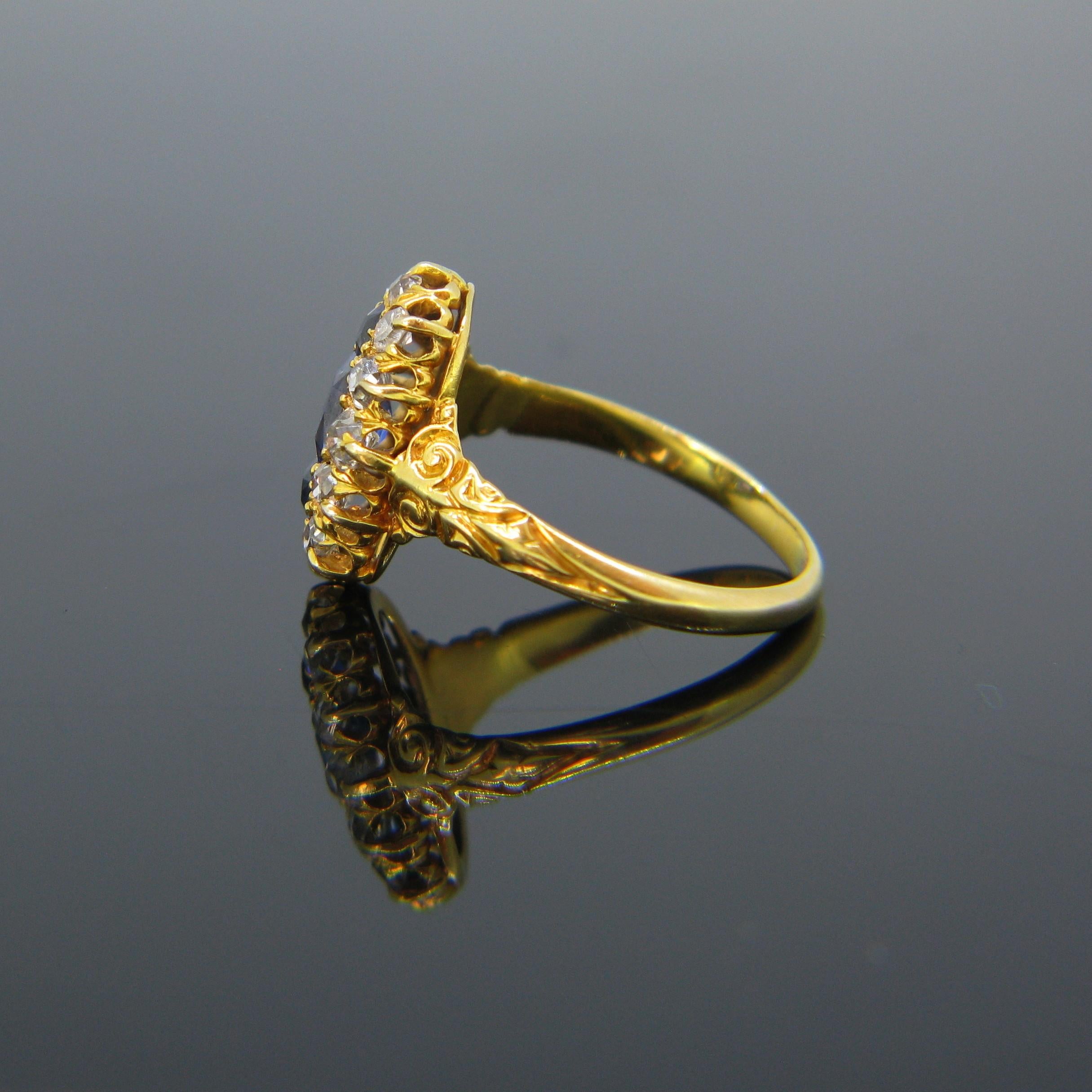 Women's or Men's Victorian Burmese Sapphire Old Cut Diamonds Marquise Yellow Gold Ring