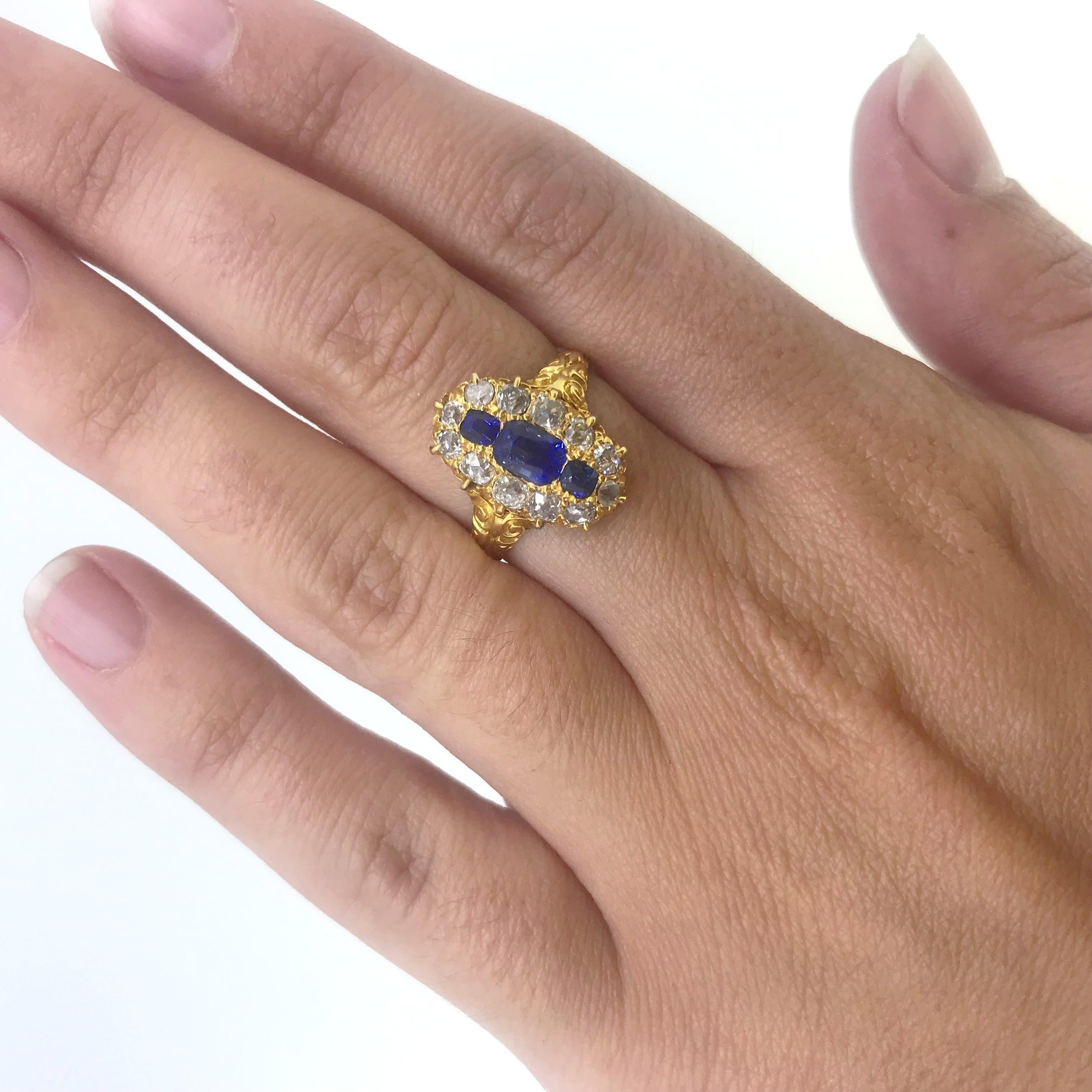 Victorian Burmese Sapphire Old Cut Diamonds Marquise Yellow Gold Ring 1