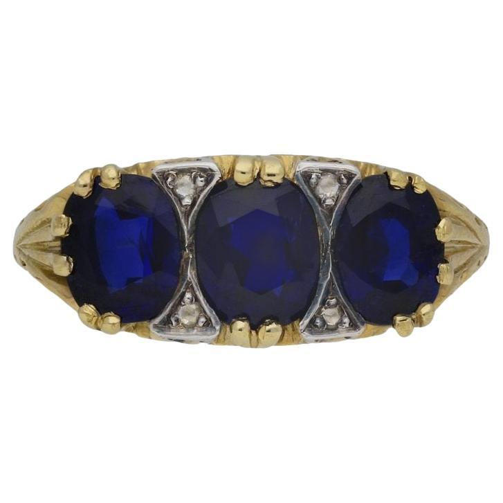 Victorian Burmese sapphire three stone ring, circa 1880. For Sale