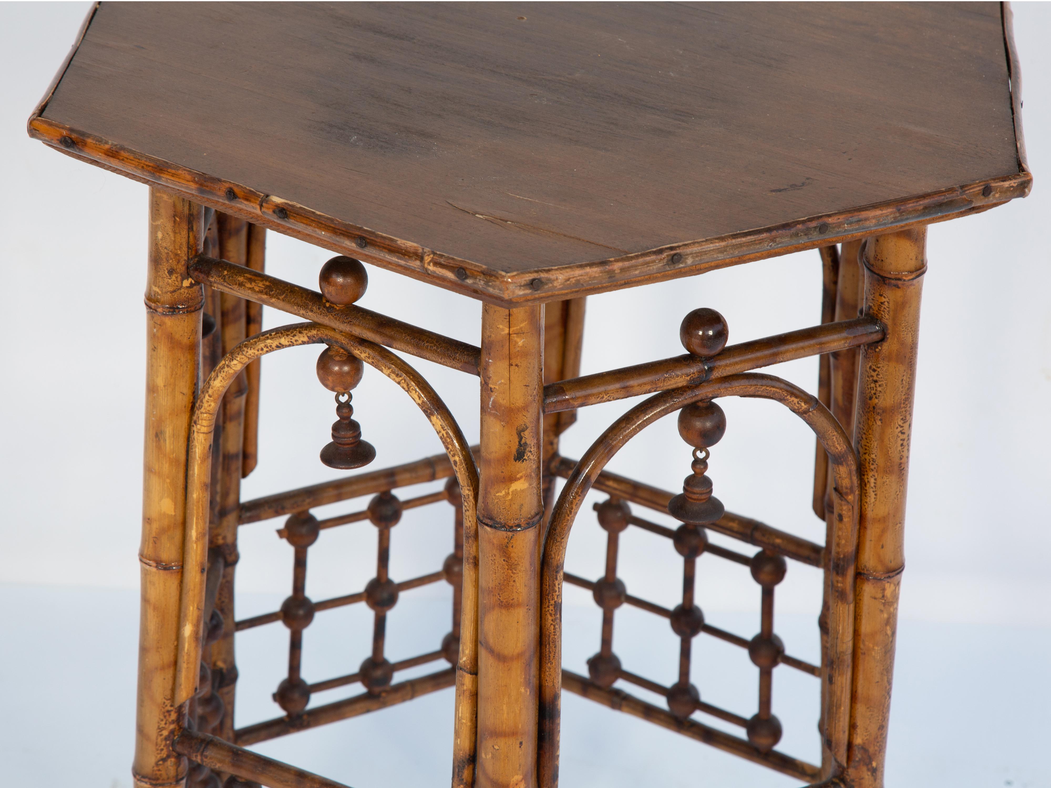 British Victorian Burnt Bamboo Candlestand Table with Octagonal Top and Root Feet
