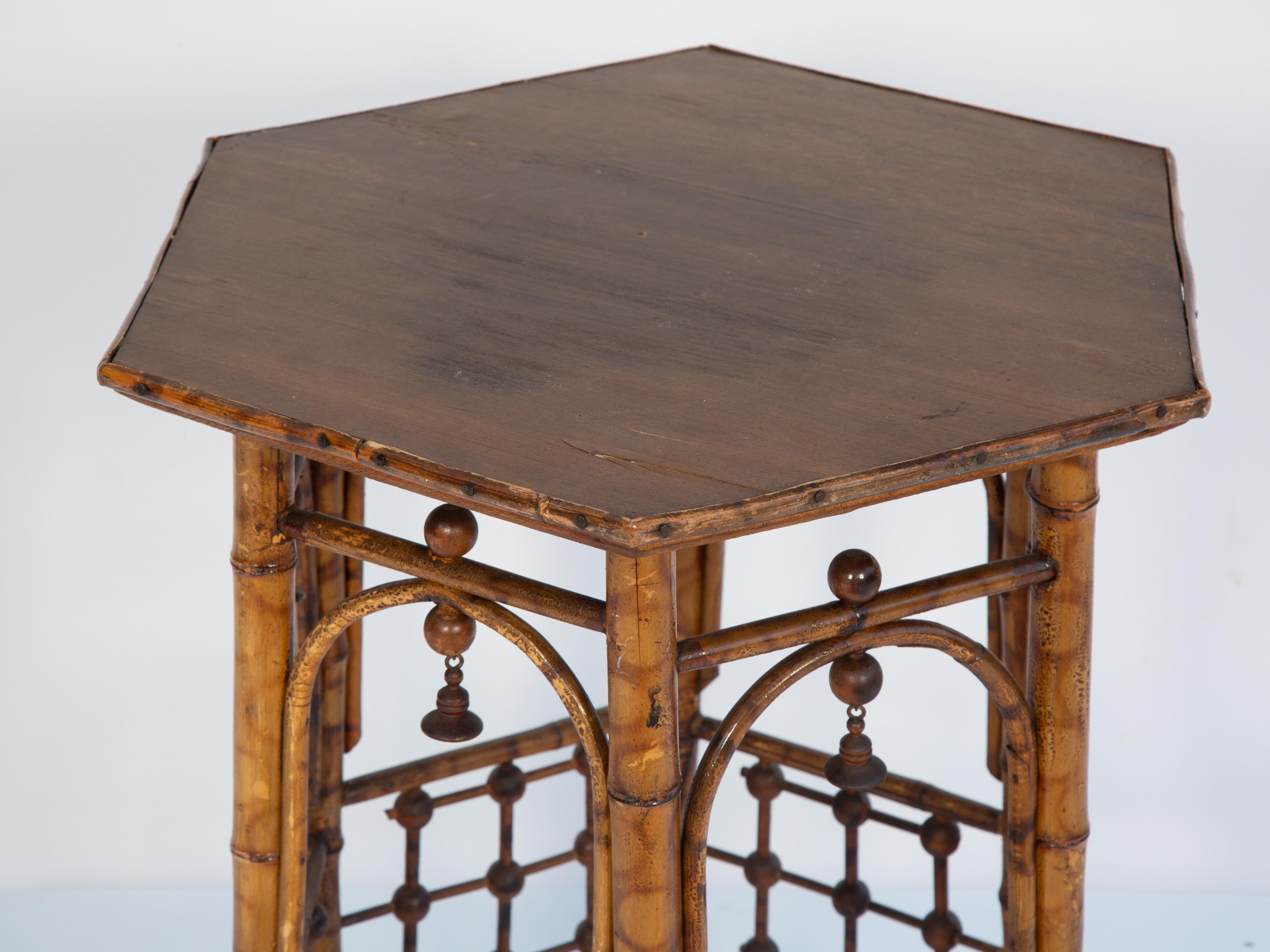 Victorian Burnt Bamboo Candlestand Table with Octagonal Top and Root Feet In Fair Condition In West Palm Beach, FL
