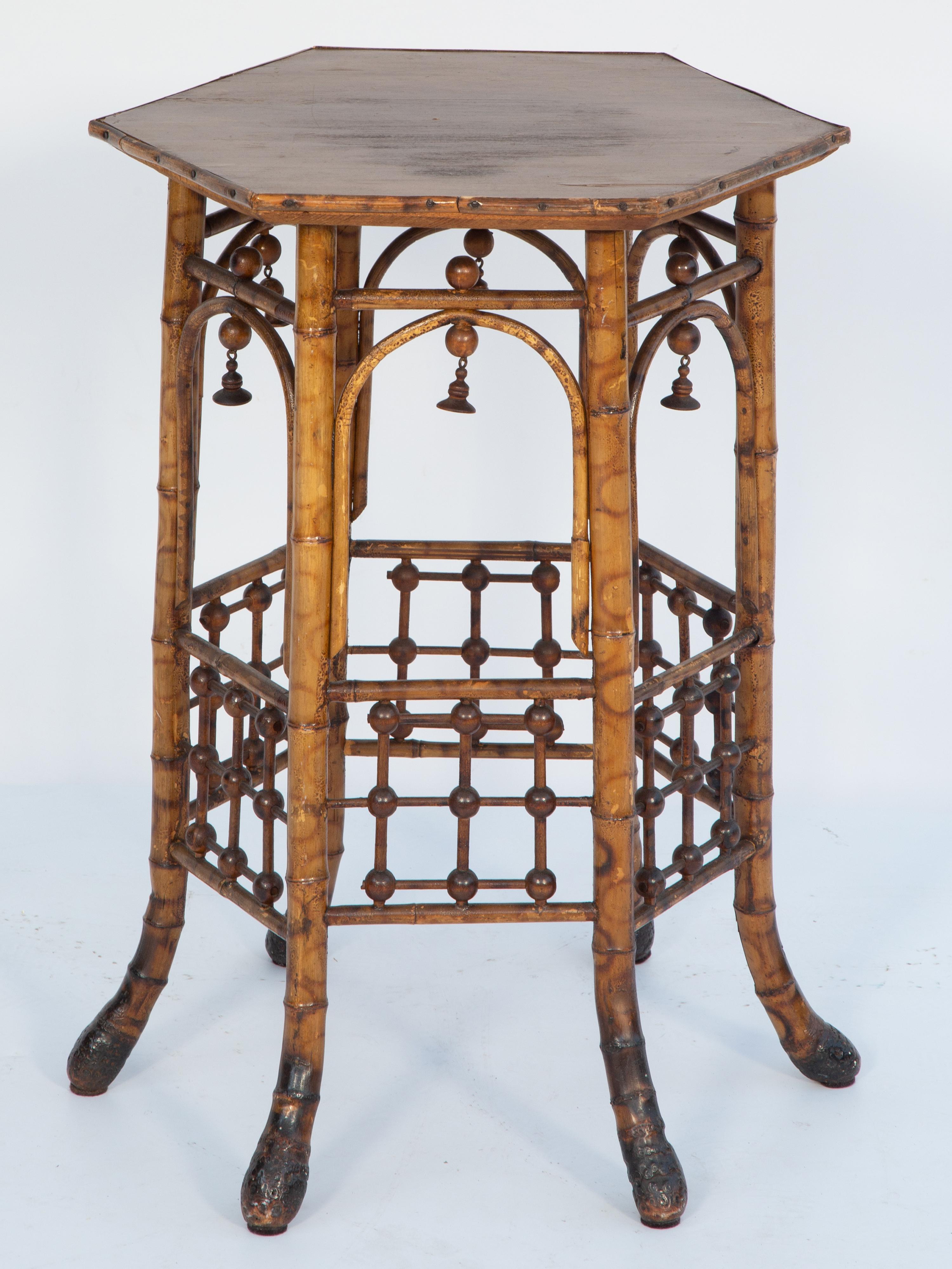 Victorian Burnt Bamboo Candlestand Table with Octagonal Top and Root Feet 1