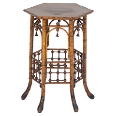 Victorian Burnt Bamboo Candlestand Table with Octagonal Top and Root Feet
