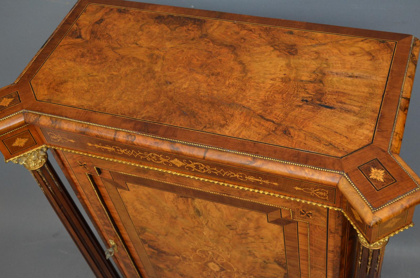 Sn4344, stunning Victorian figured and burr walnut side cabinet, having burr walnut and inlaid top above satinwood string inlaid frieze and finely inlaid and ormolu decorated door fitted with original working lock and a key and enclosing lined