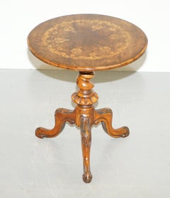 Victorian Burr and Burl Walnut Tripod Side Table Victorian Ornate Carving Inlaid