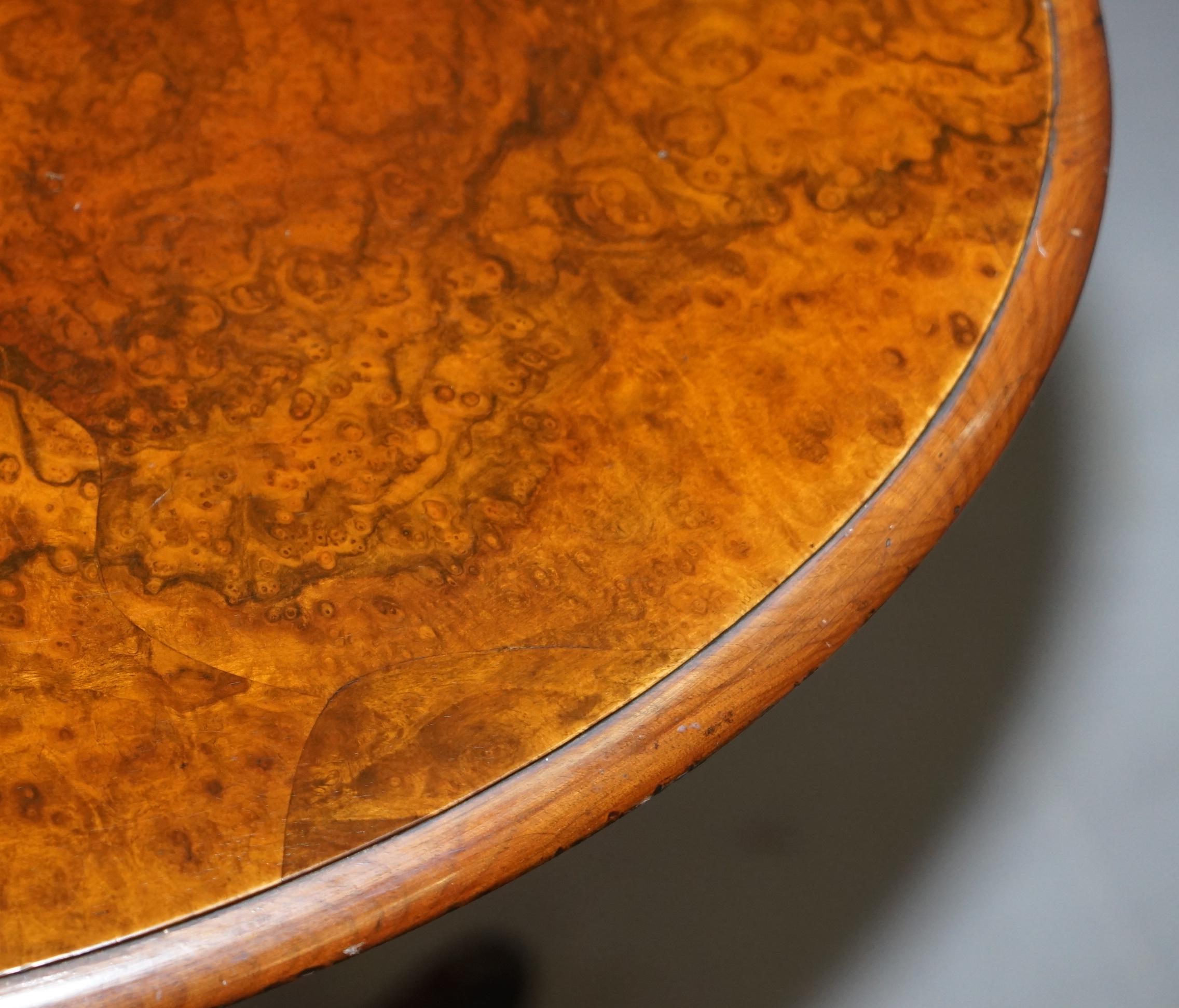 Victorian Burr Quarter Cut Walnut Oval Side End Lamp Tripod Table Ornately Carve For Sale 3