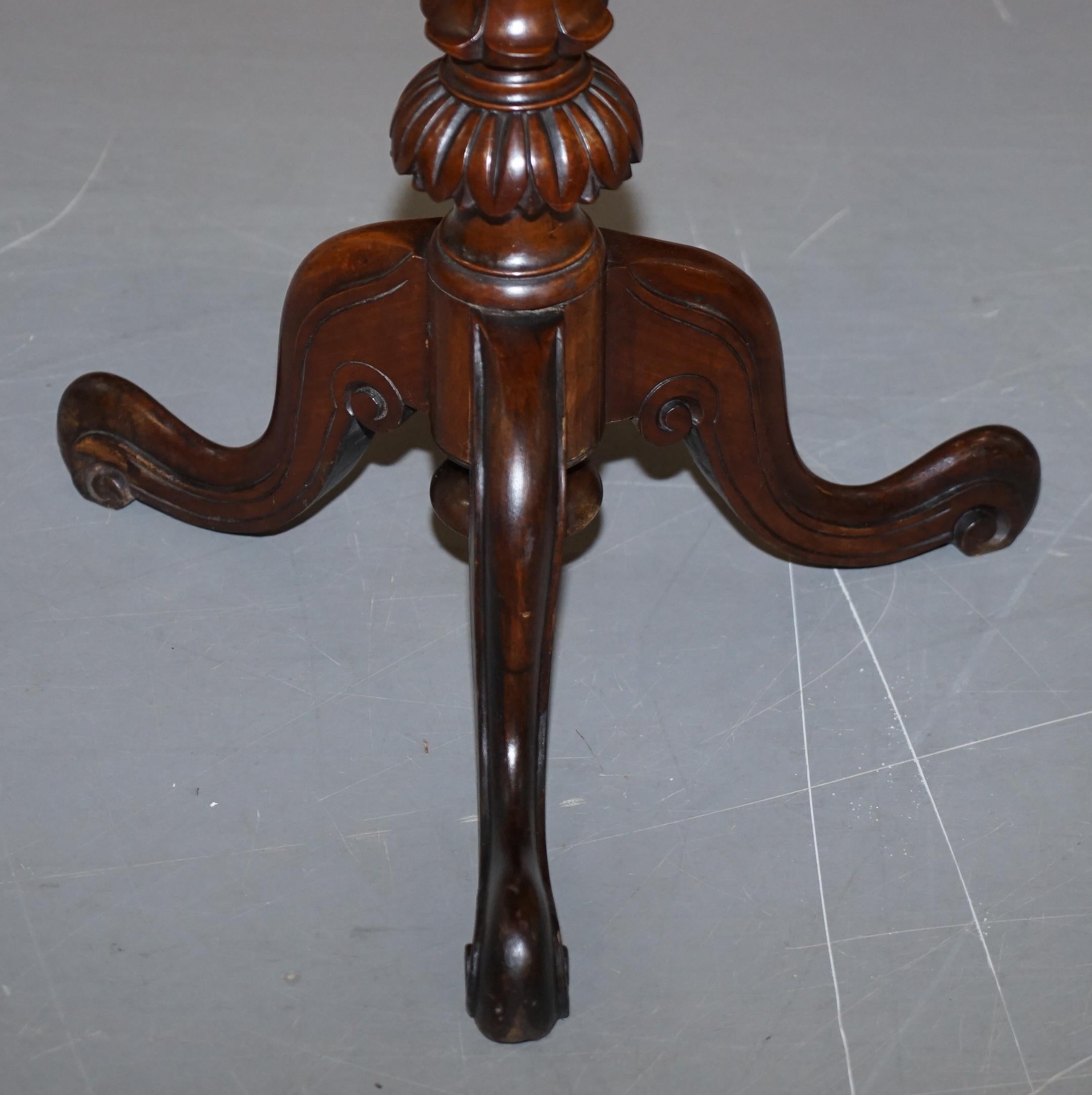 Victorian Burr Quarter Cut Walnut Oval Side End Lamp Tripod Table Ornately Carve For Sale 5