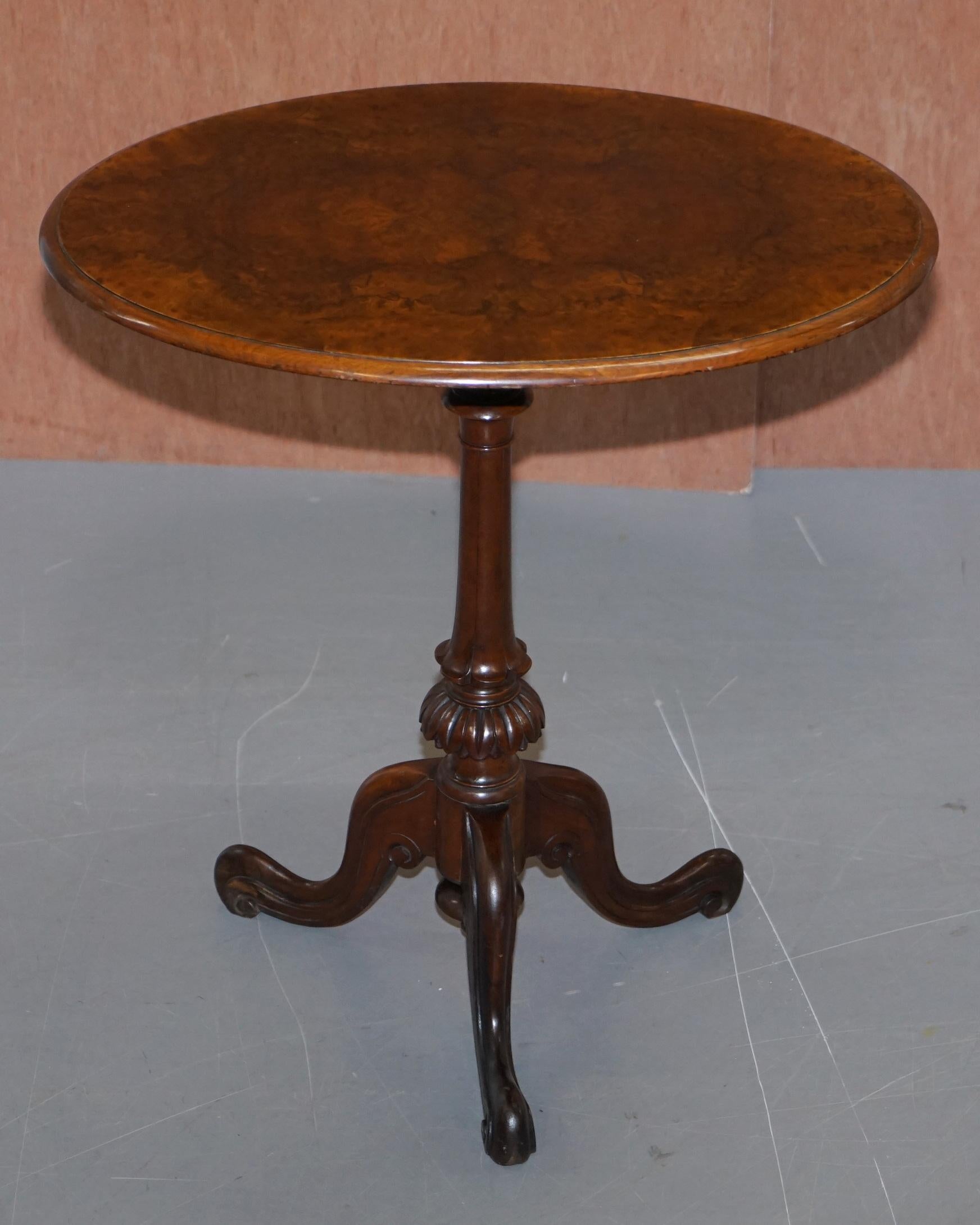 We are delighted to offer for sale this sublime Victorian circa 1840 Burr Walnut oval tripod table

A glorious side table, heavily carved to the base and with a timber patina to die for on the top

The top has been lightly restored to include a