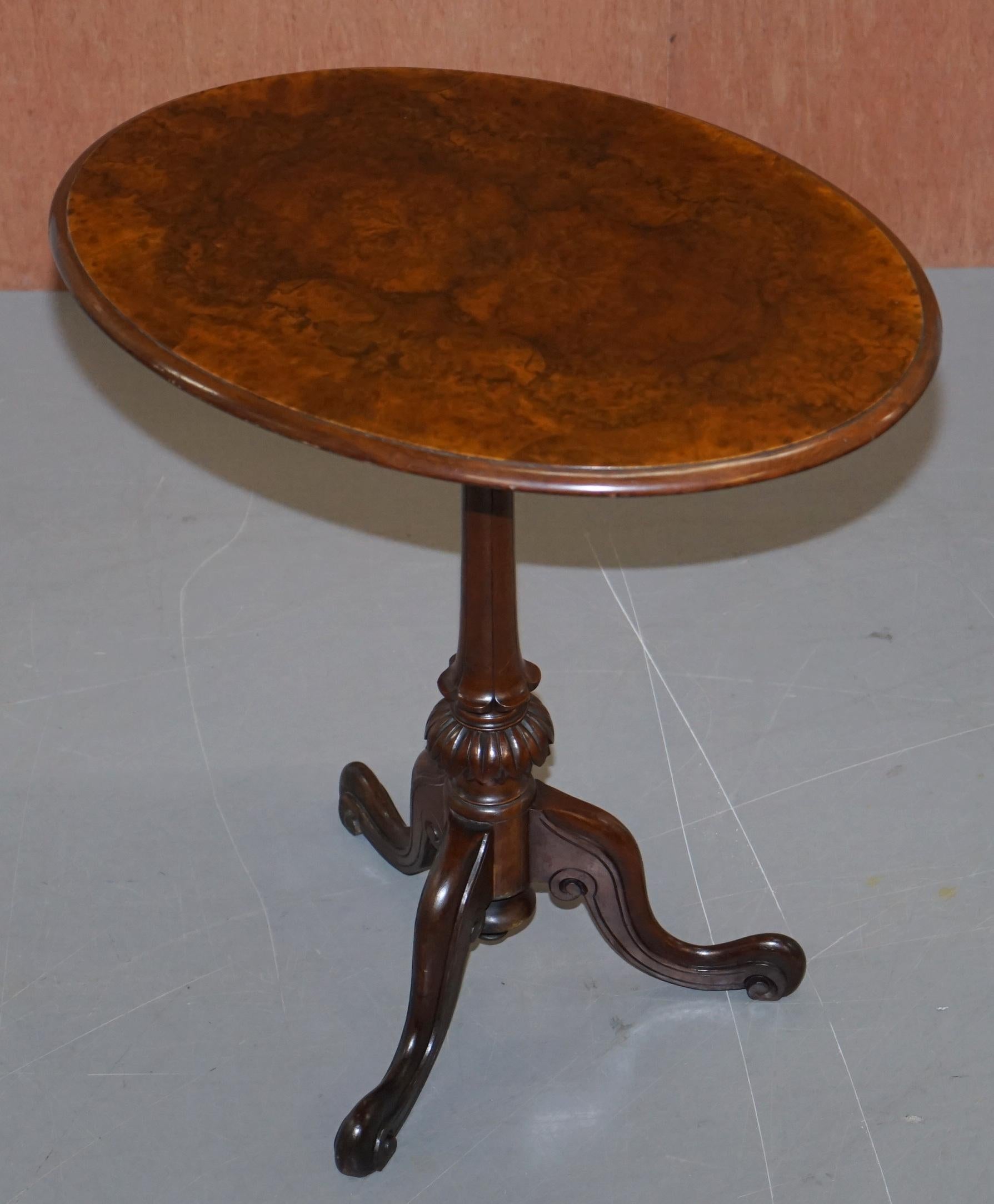 Early Victorian Victorian Burr Quarter Cut Walnut Oval Side End Lamp Tripod Table Ornately Carve For Sale