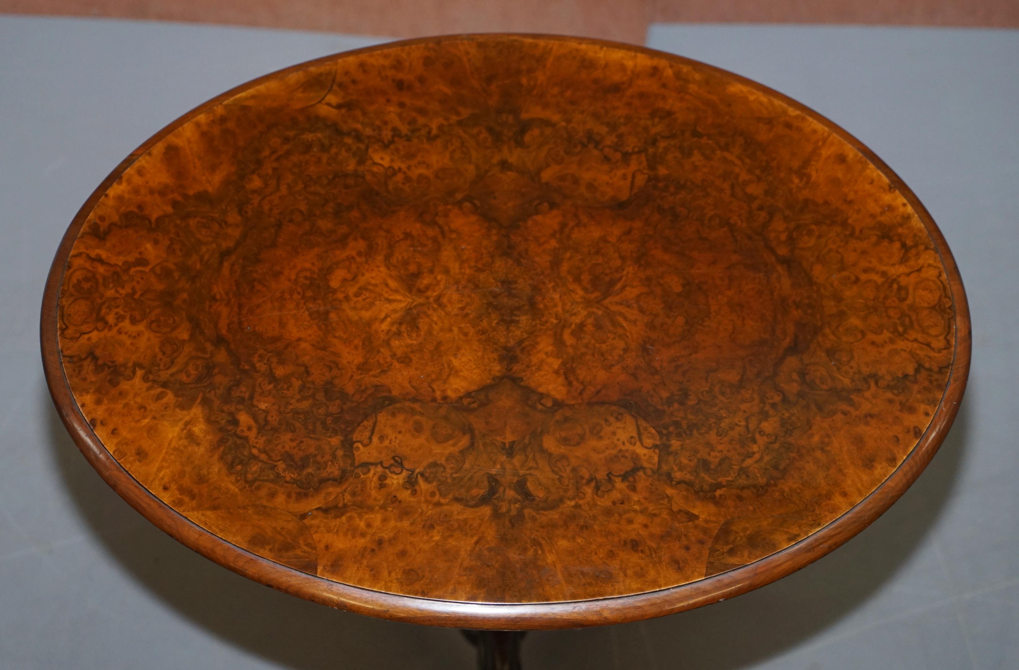 English Victorian Burr Quarter Cut Walnut Oval Side End Lamp Tripod Table Ornately Carve For Sale