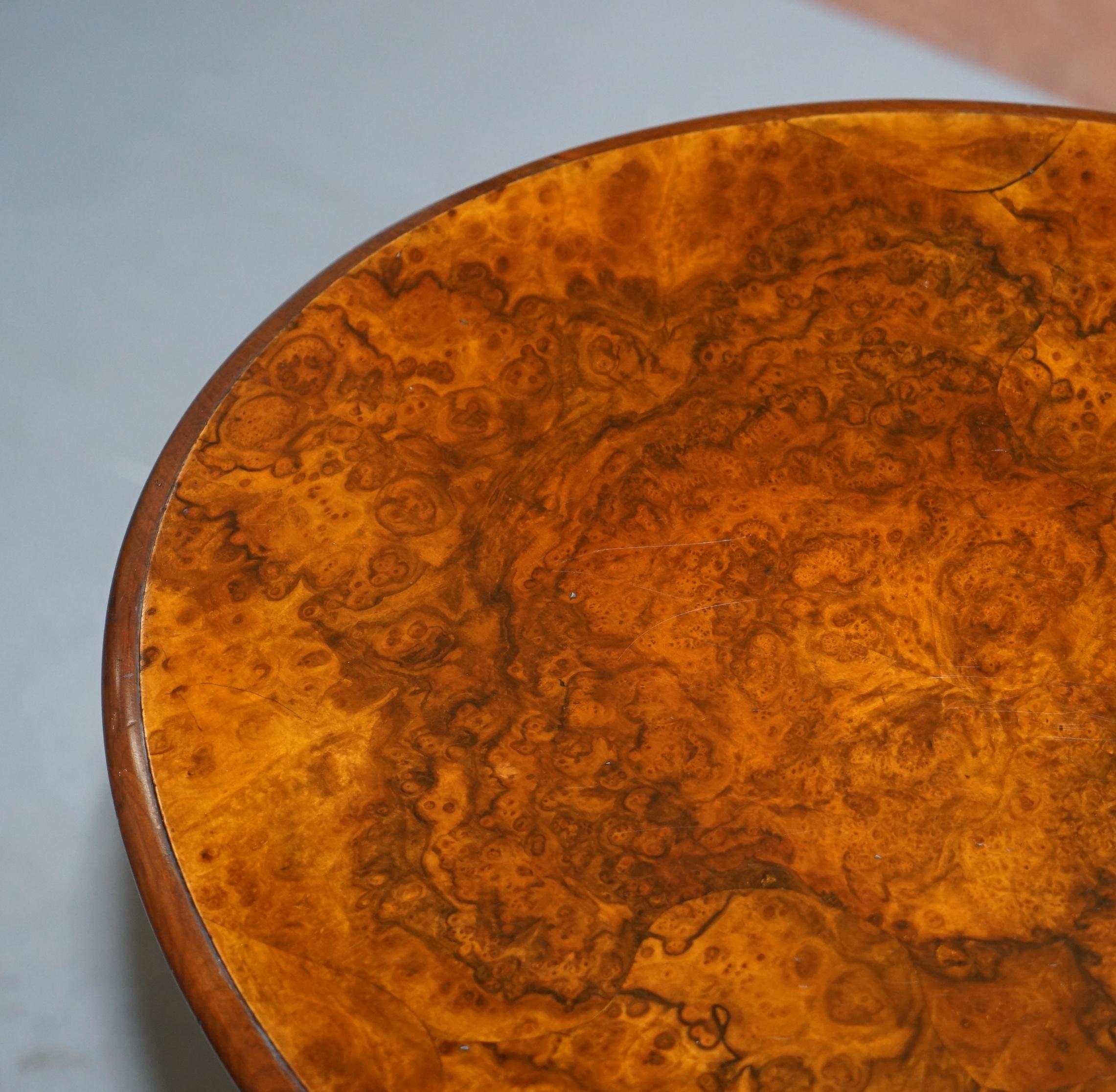 Hand-Crafted Victorian Burr Quarter Cut Walnut Oval Side End Lamp Tripod Table Ornately Carve For Sale