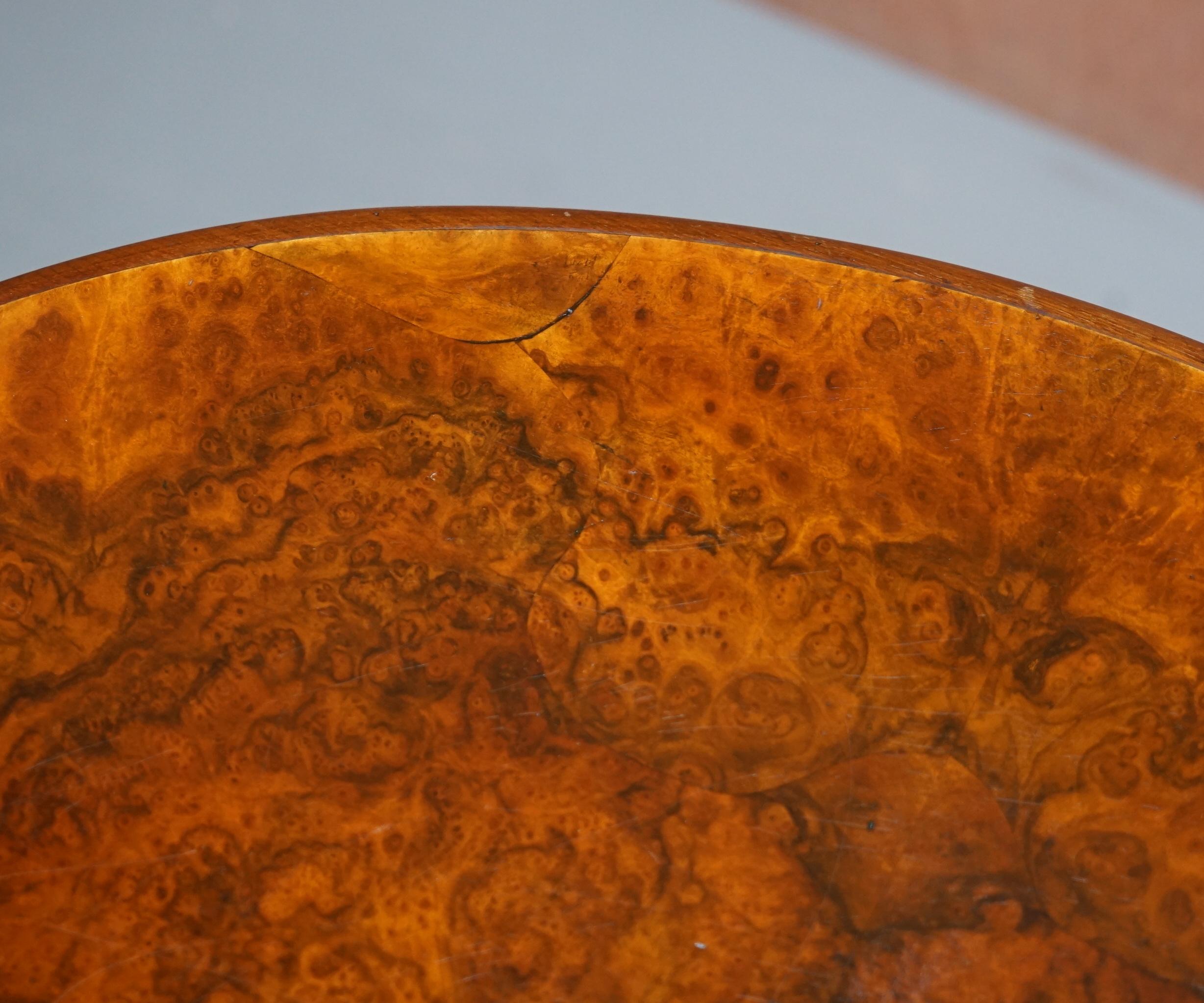 Victorian Burr Quarter Cut Walnut Oval Side End Lamp Tripod Table Ornately Carve In Fair Condition For Sale In West Sussex, Pulborough