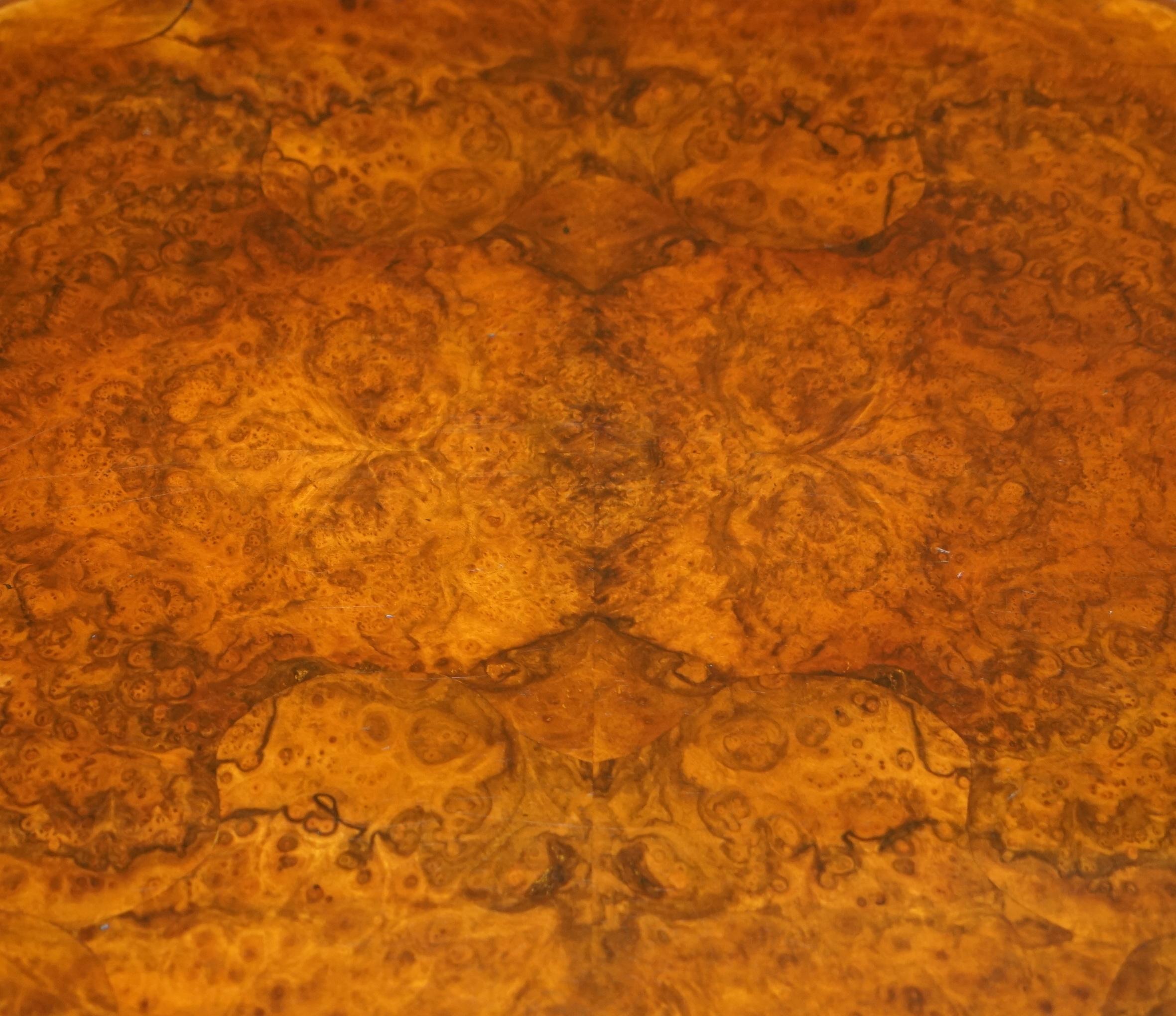 Mid-19th Century Victorian Burr Quarter Cut Walnut Oval Side End Lamp Tripod Table Ornately Carve For Sale