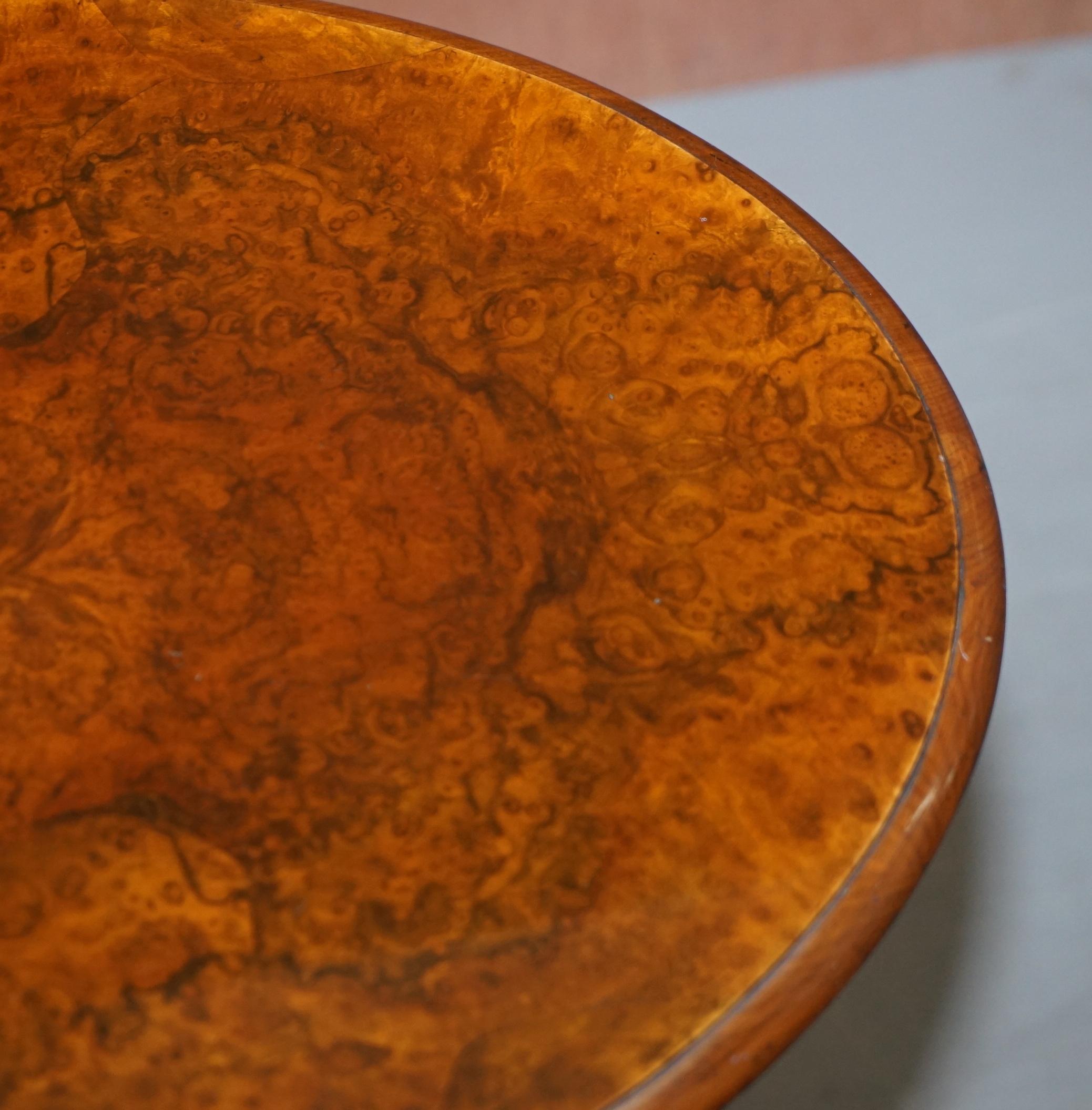 Victorian Burr Quarter Cut Walnut Oval Side End Lamp Tripod Table Ornately Carve For Sale 1