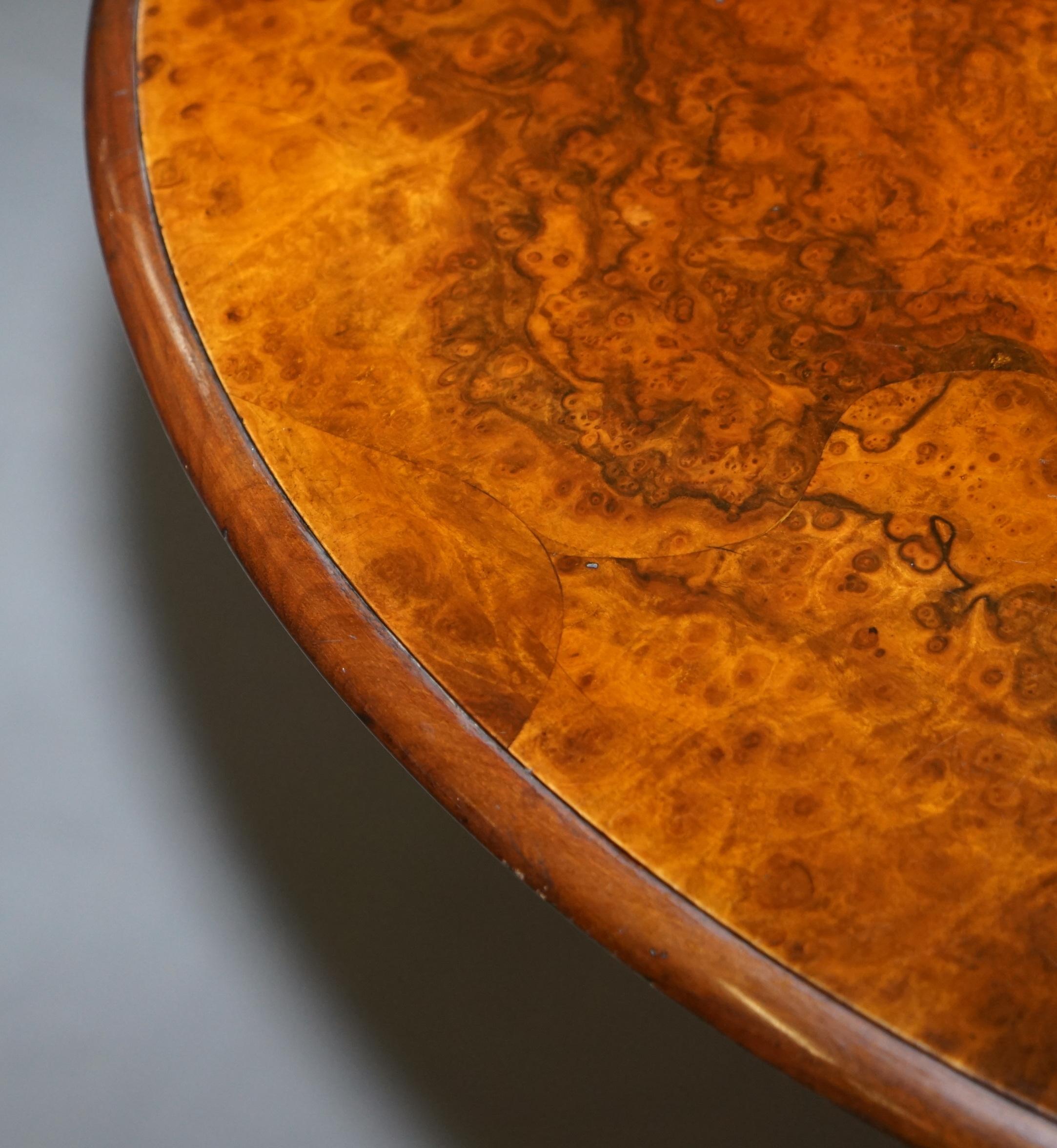 Victorian Burr Quarter Cut Walnut Oval Side End Lamp Tripod Table Ornately Carve For Sale 2