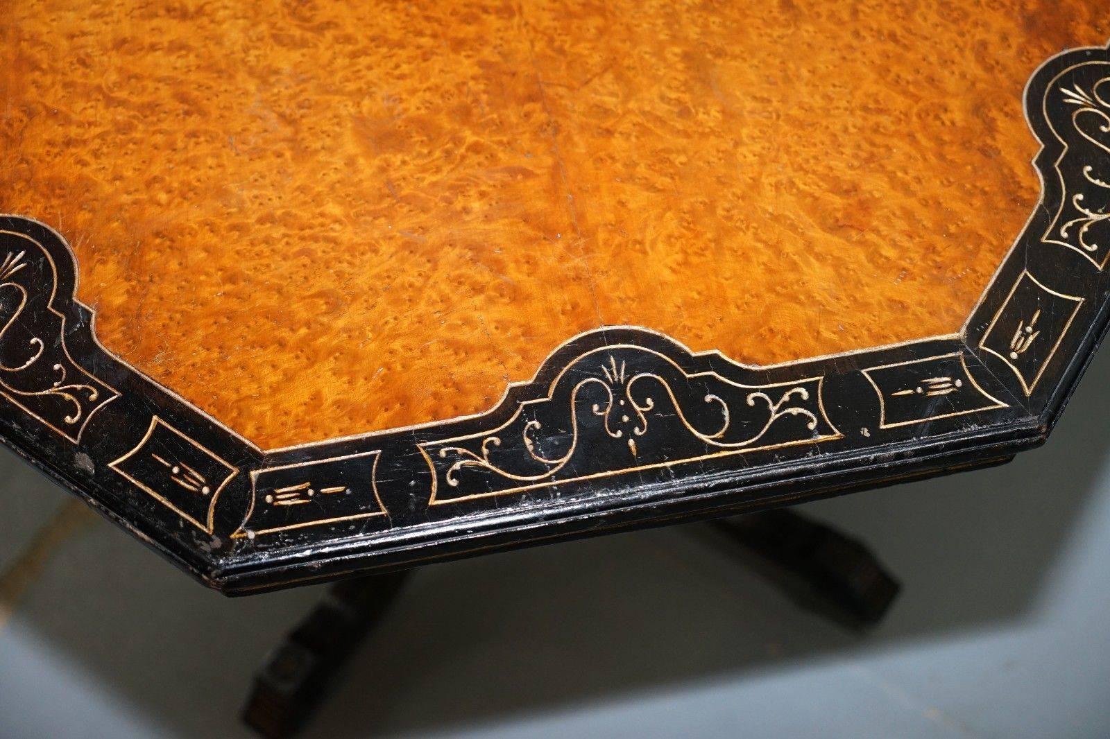 Hand-Crafted Victorian Burr Walnut and Ebonized Octagonal Aesthetic Movement Occasional Table
